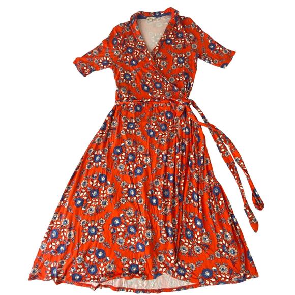 Boden Lavinia Jersey True Wrap Dress Red-Orange Papaya Wildflower Print Size 16 - Picture 4 of 13